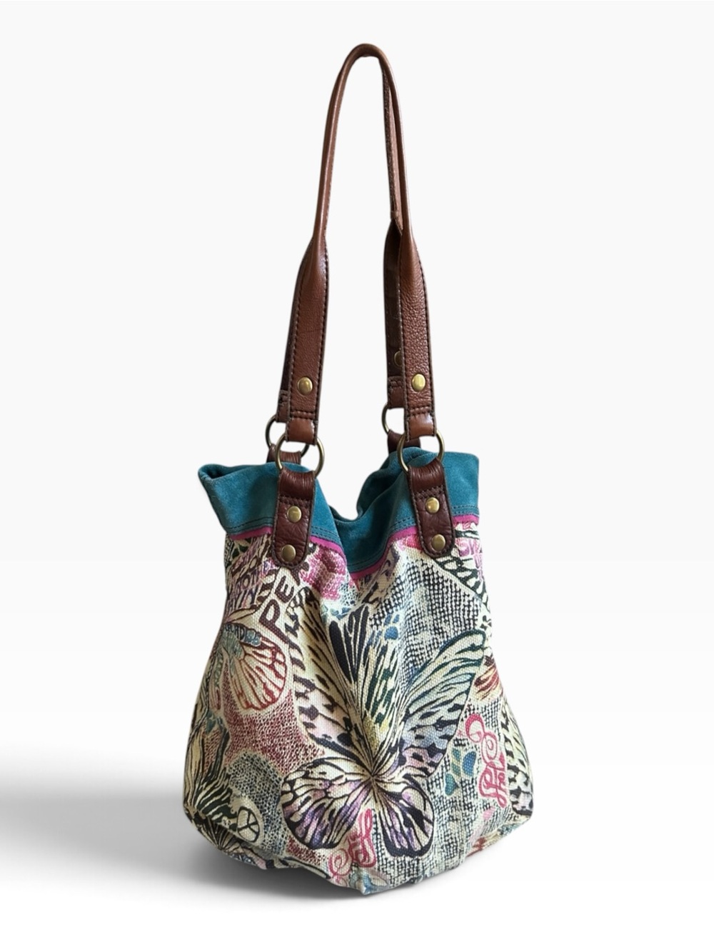 Lucky Brand Vintage Y2K Butterfly Hobo Bag Leather Suede Tapestry Boho